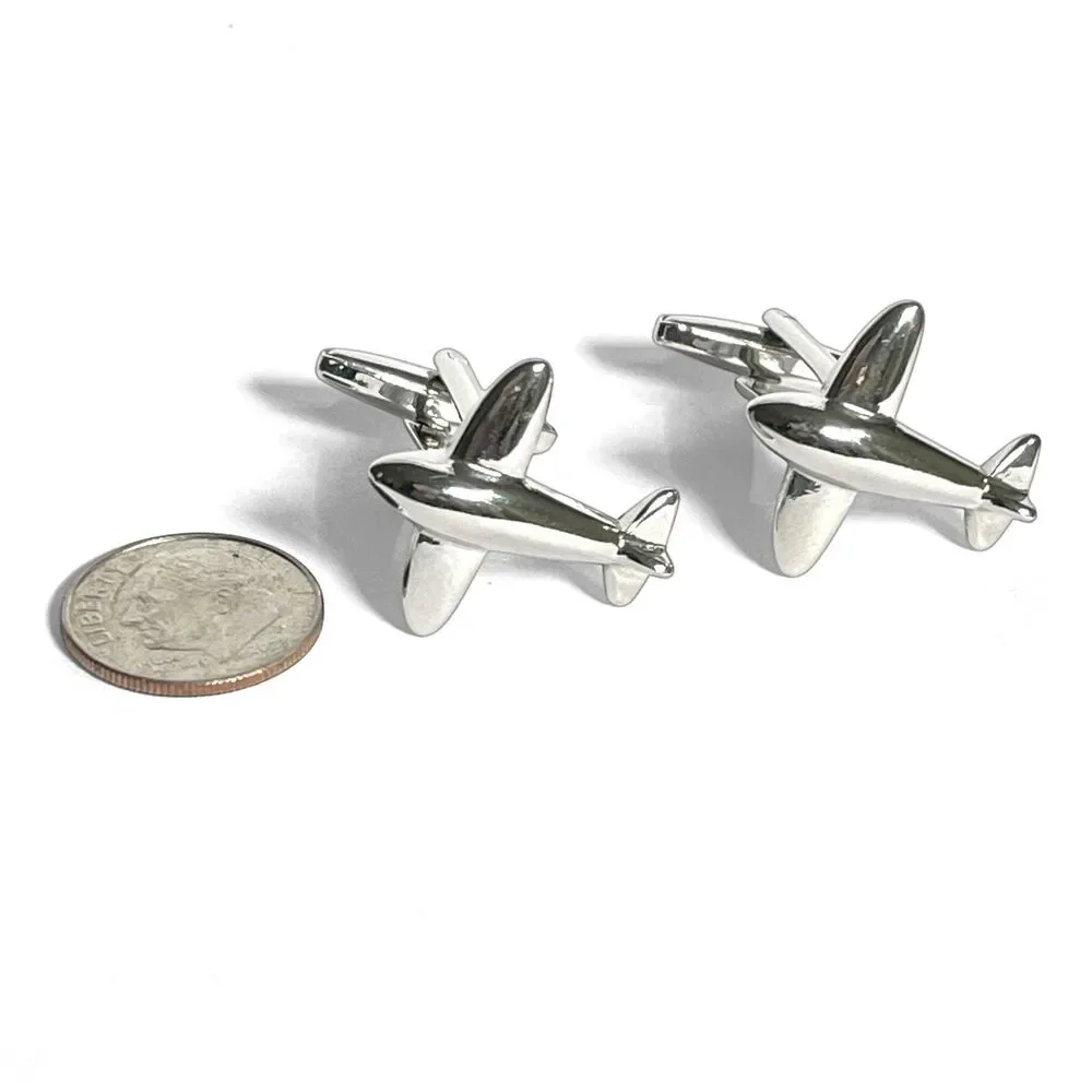 Airplane Cufflinks Silver Tone Fasteners Pilot Flight Attendant Plane Aviation